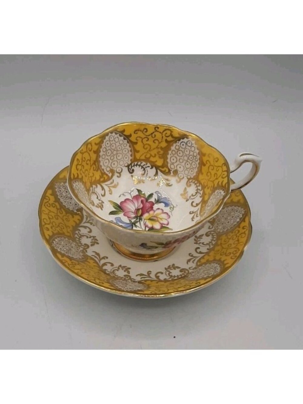 Vintage Paragon Yellow & Gold Floral Oleander Shape 1960s Teacup & Saucer set